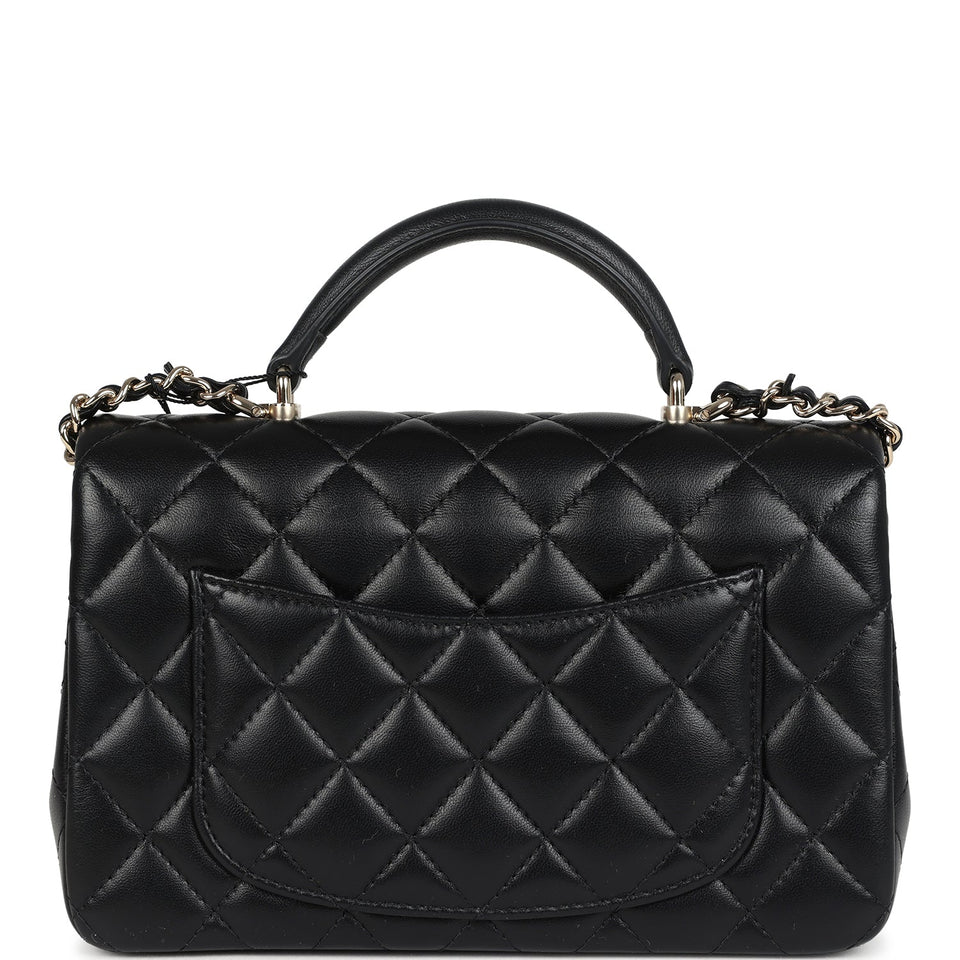 Chanel Mini Rectangular Top Handle Flap Bag Black Lambskin Light Gold Hardware