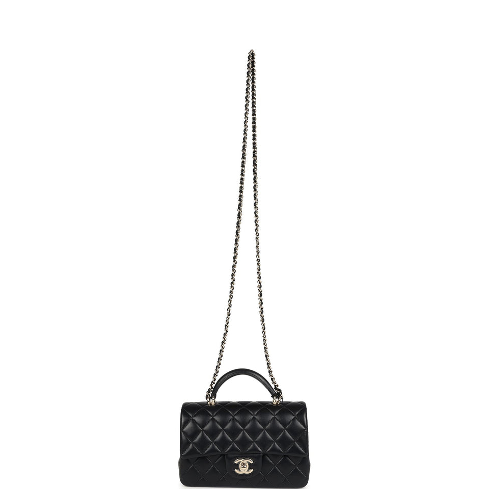 Chanel Mini Rectangular Top Handle Flap Bag Black Lambskin Light Gold Hardware