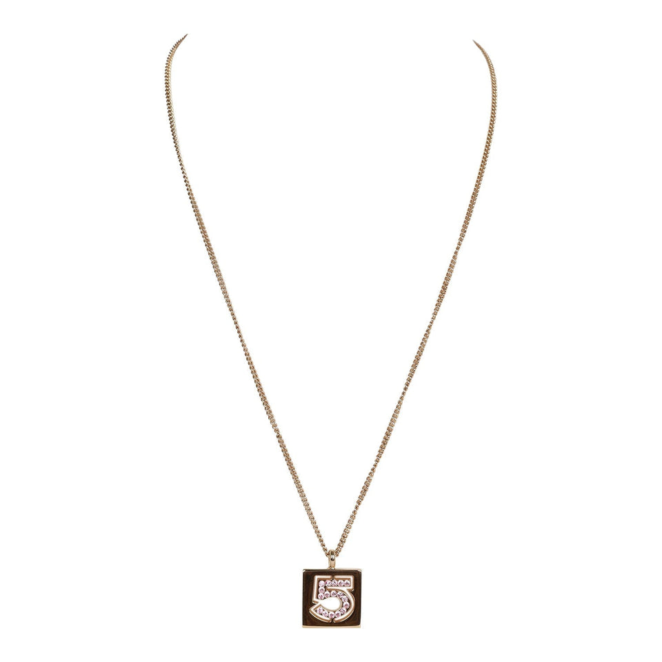 Chanel Vintage 24K Gold Plated Pink No.5 Rhinestone Pendant Necklace