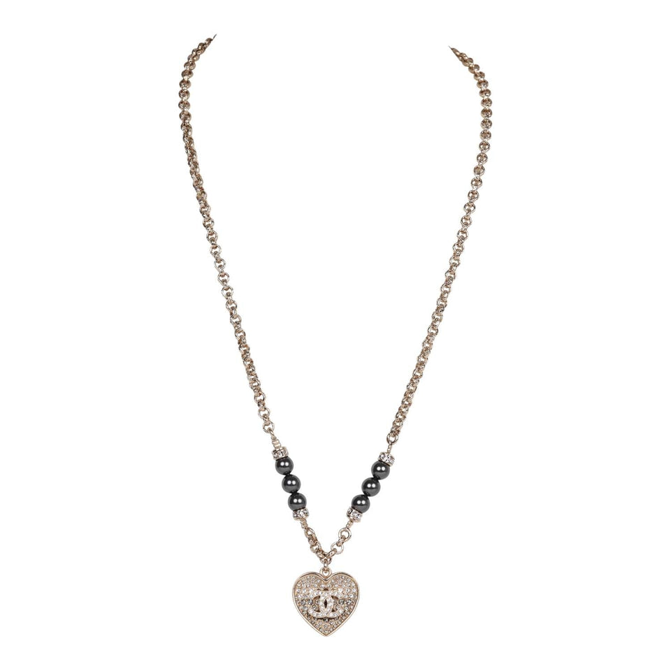 Chanel Black and Silver CC Crystal Heart Pendant Necklace