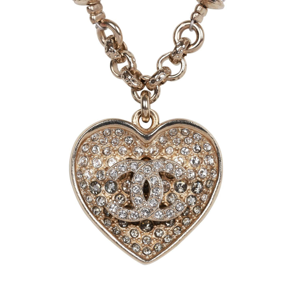 Chanel Black and Silver CC Crystal Heart Pendant Necklace