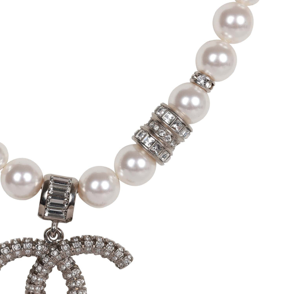 Chanel Faux Pearl and Crystal Silver CC Pendant Necklace
