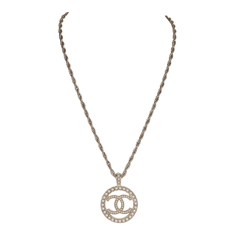 Chanel Large Logo Pearl and Light Gold Metal Pendant Necklace