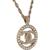 Chanel Large Logo Pearl and Light Gold Metal Pendant Necklace