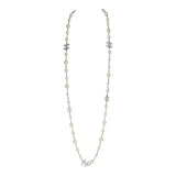 Chanel Silver Metal, White Strass, and White Pearl Logo Sautoir Necklace
