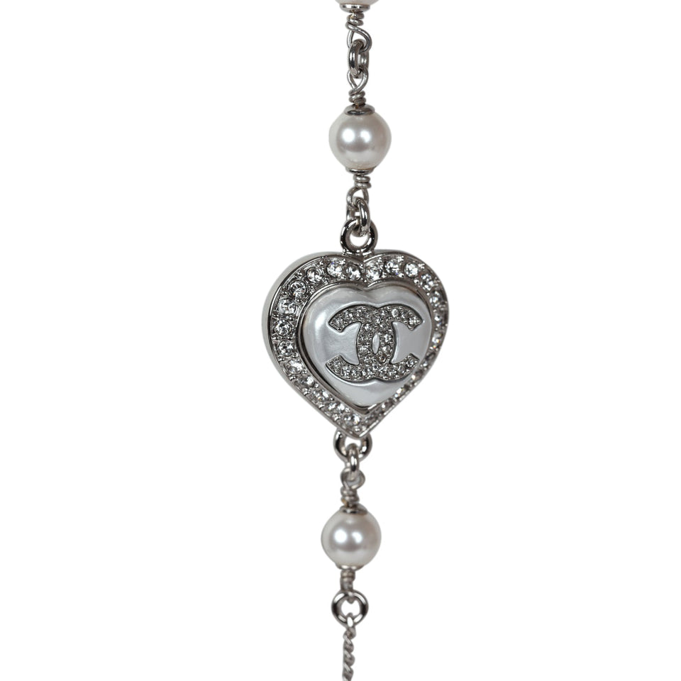 Chanel Silver Metal, White Strass, and White Pearl Logo and Hearts Sautoir Necklace