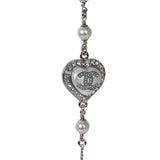 Chanel Silver Metal, White Strass, and White Pearl Logo and Hearts Sautoir Necklace
