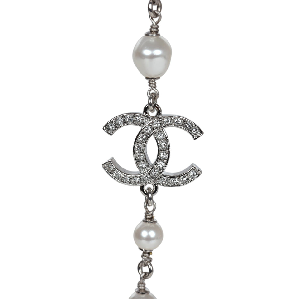 Chanel Silver Metal, White Strass, and White Pearl Logo and Hearts Sautoir Necklace