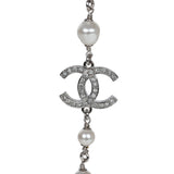 Chanel Silver Metal, White Strass, and White Pearl Logo and Hearts Sautoir Necklace