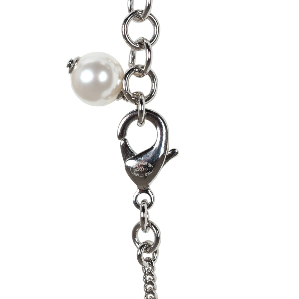 Chanel Silver Metal, White Strass, and White Pearl Logo and Hearts Sautoir Necklace