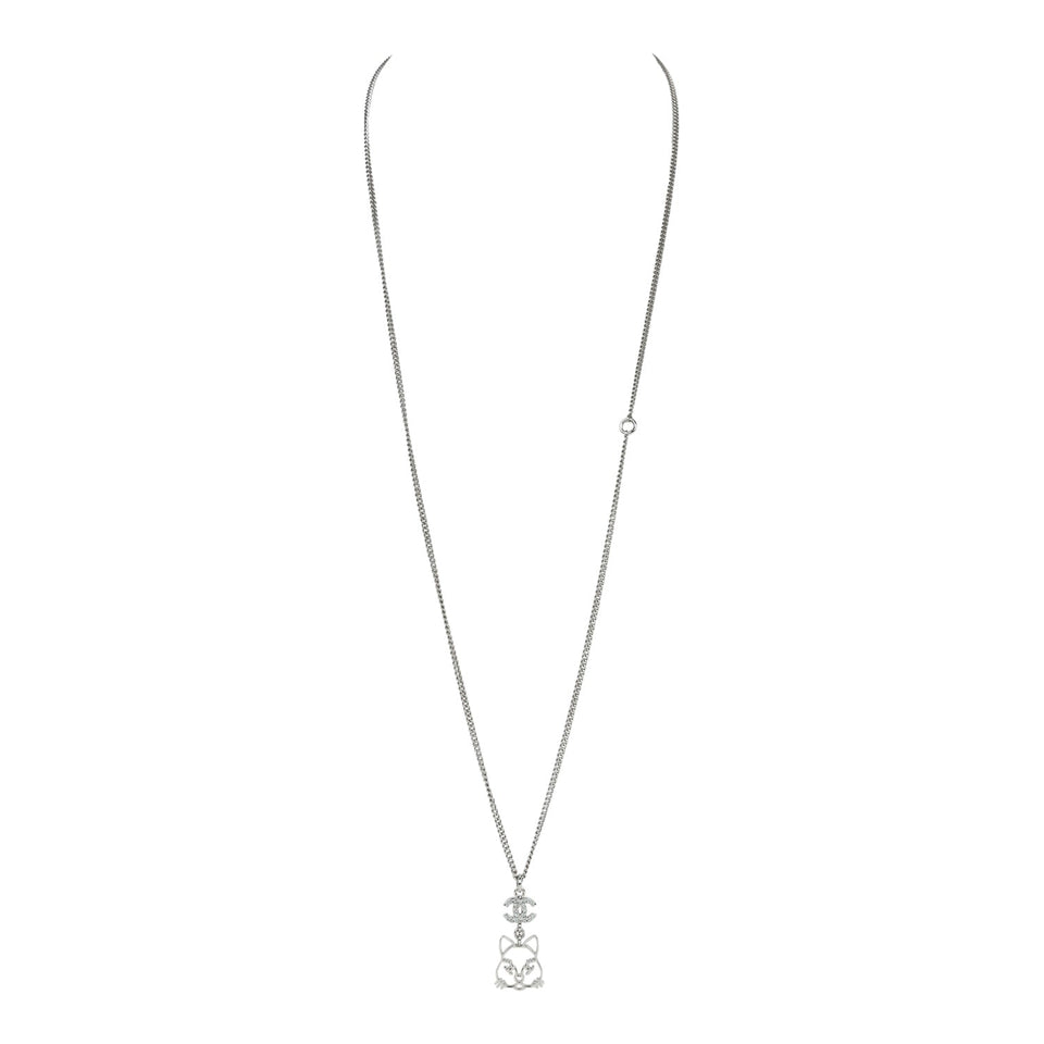 Chanel Silver CC Crystal Choupette Cat Emoji Pendant Necklace