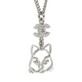 Chanel Silver CC Crystal Choupette Cat Emoji Pendant Necklace