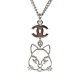 Chanel Silver CC Crystal Choupette Cat Emoji Pendant Necklace