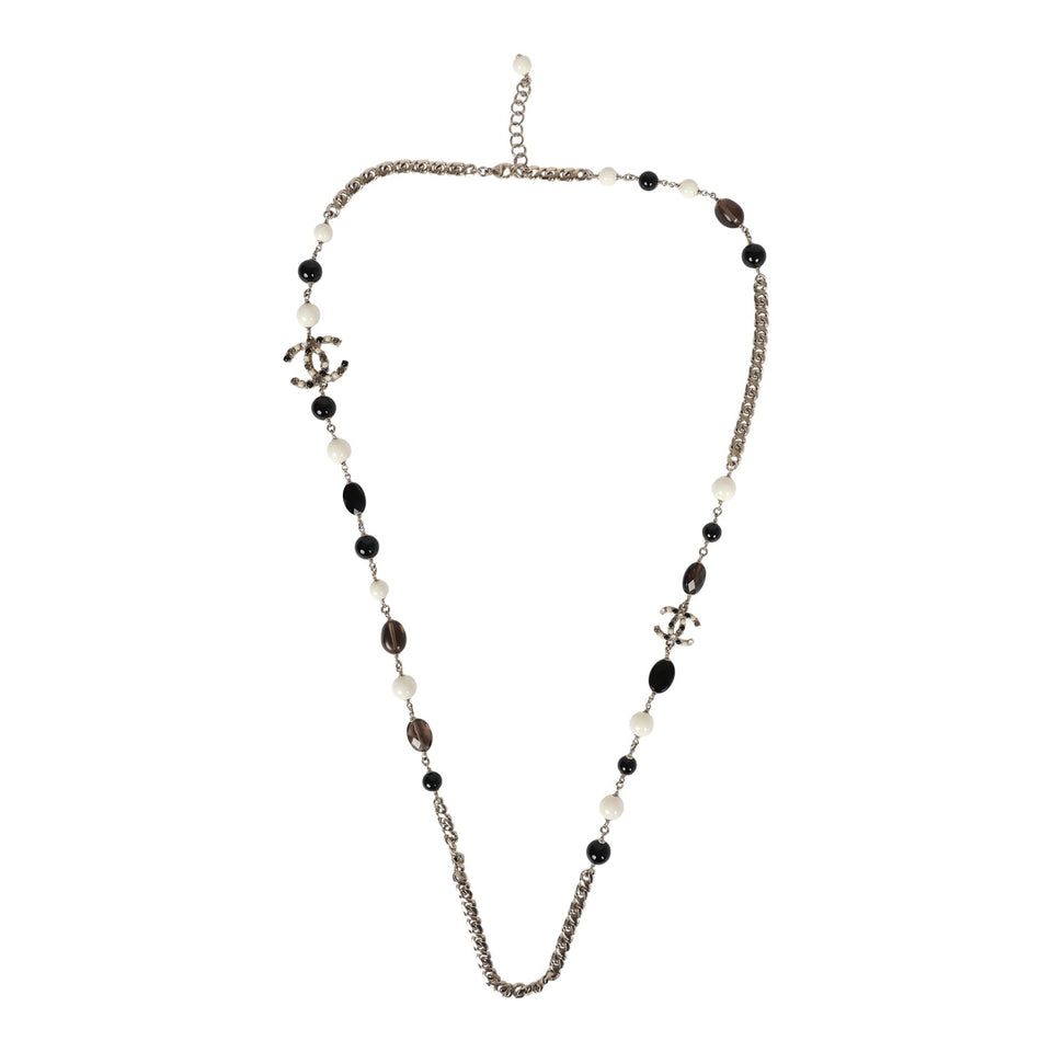 Chanel CC Long Beaded Necklace White/Black/Grey Light Gold Hardware