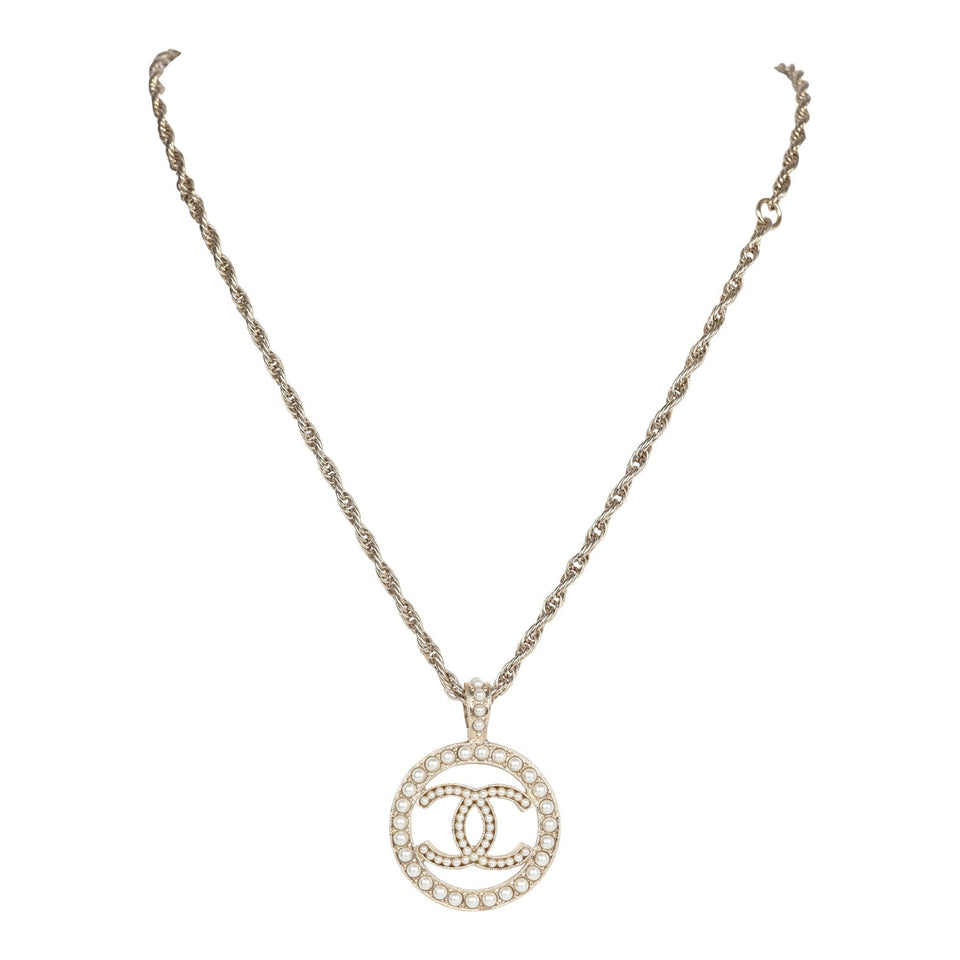 Chanel Round CC Pearl Pendant Necklace Light Gold Hardware