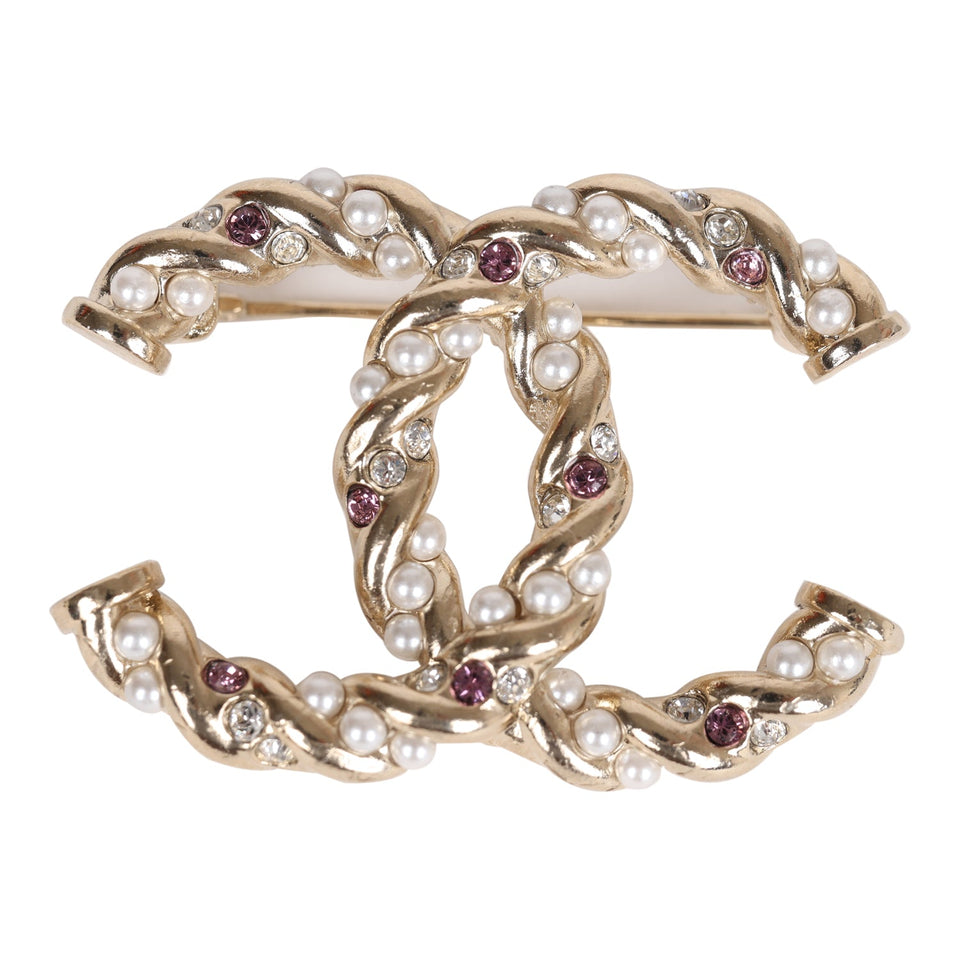 Chanel Twisted CC Crystal and Faux Pearl Brooch Light Pink Gold Metal