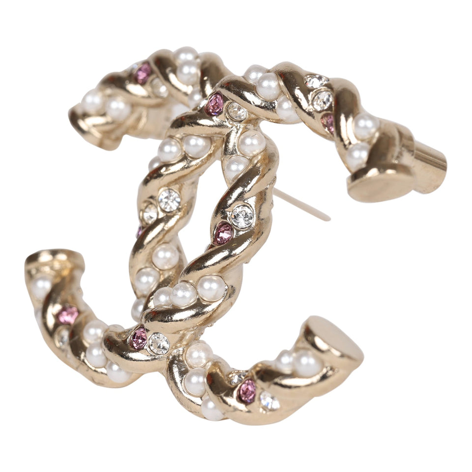 Chanel Twisted CC Crystal and Faux Pearl Brooch Light Pink Gold Metal