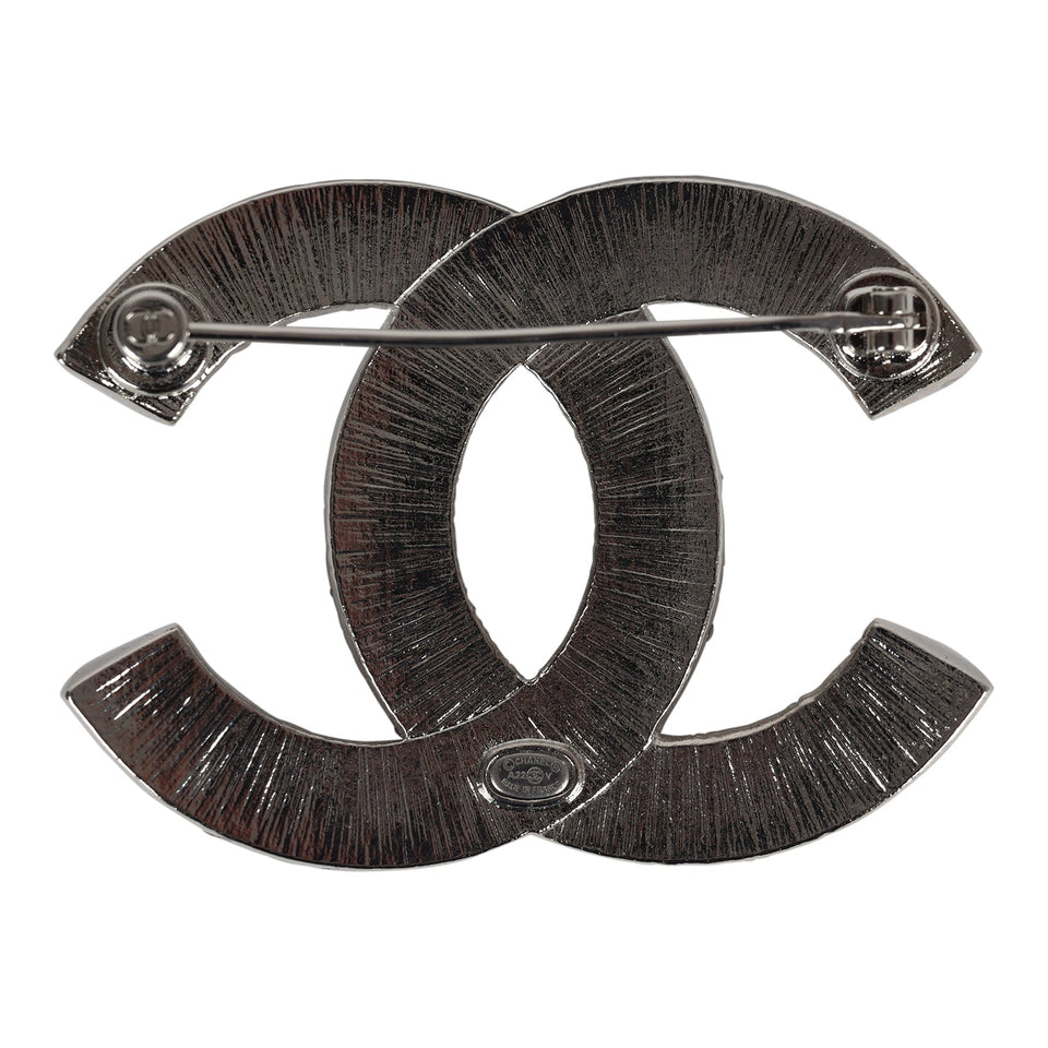 Chanel Large Crystal CC Brooch Silver Hardware