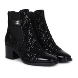 Chanel Cap Toe Ankle Boots Black Sequin Patent EU 35.5