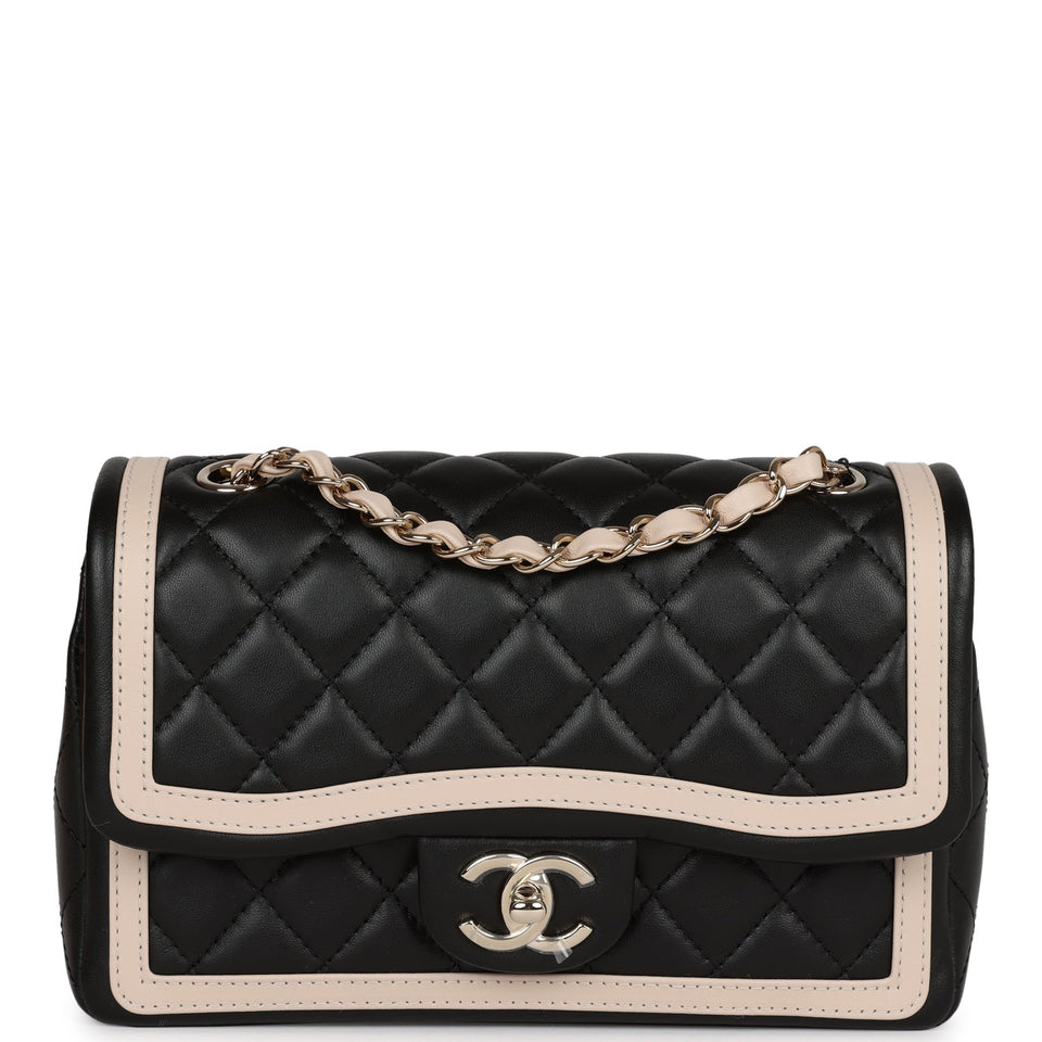 Chanel Small Classic Flap Black and Beige Lambskin Light Gold Hardware