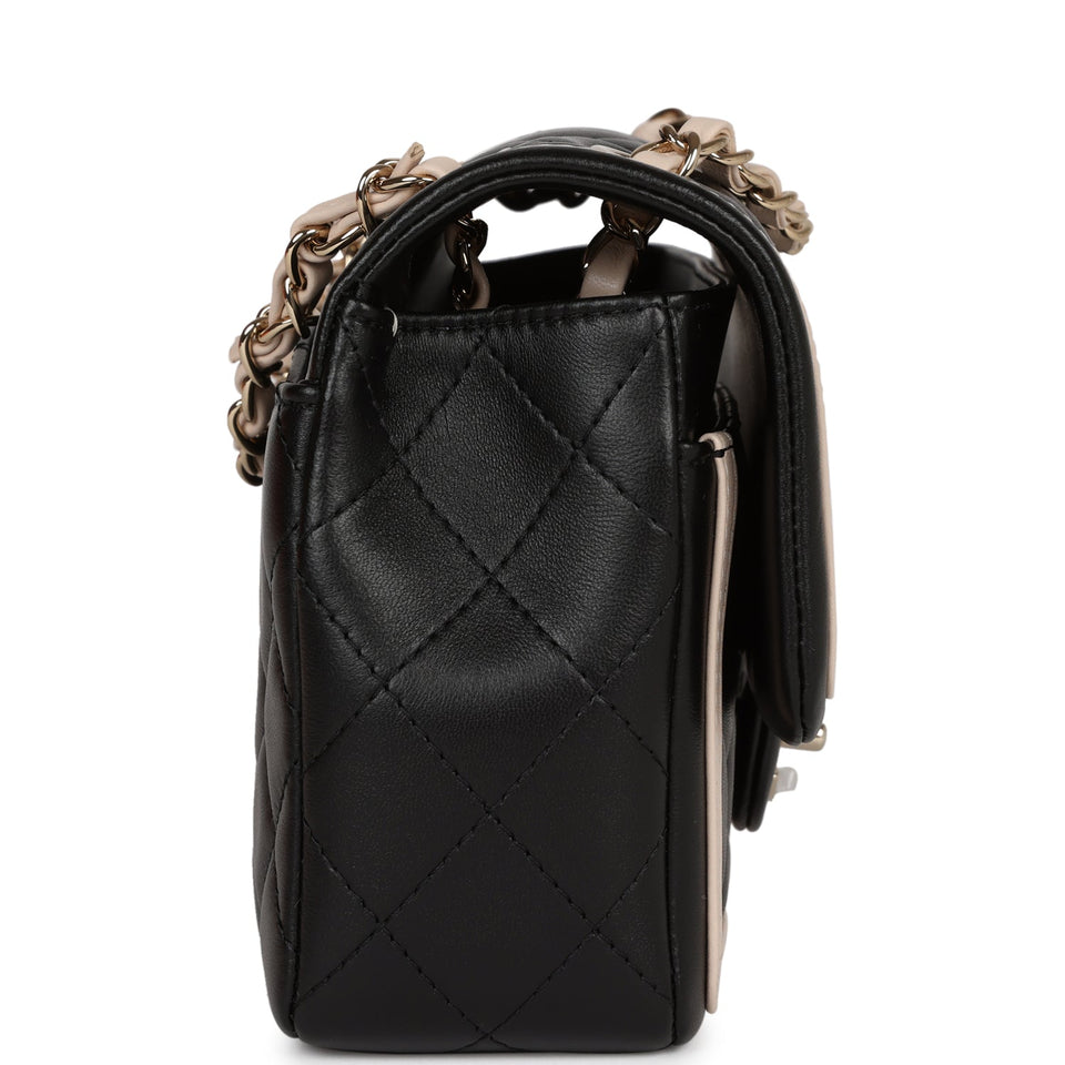 Chanel Small Classic Flap Black and Beige Lambskin Light Gold Hardware