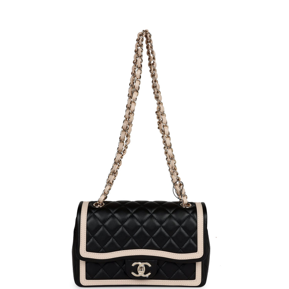 Chanel Small Classic Flap Black and Beige Lambskin Light Gold Hardware