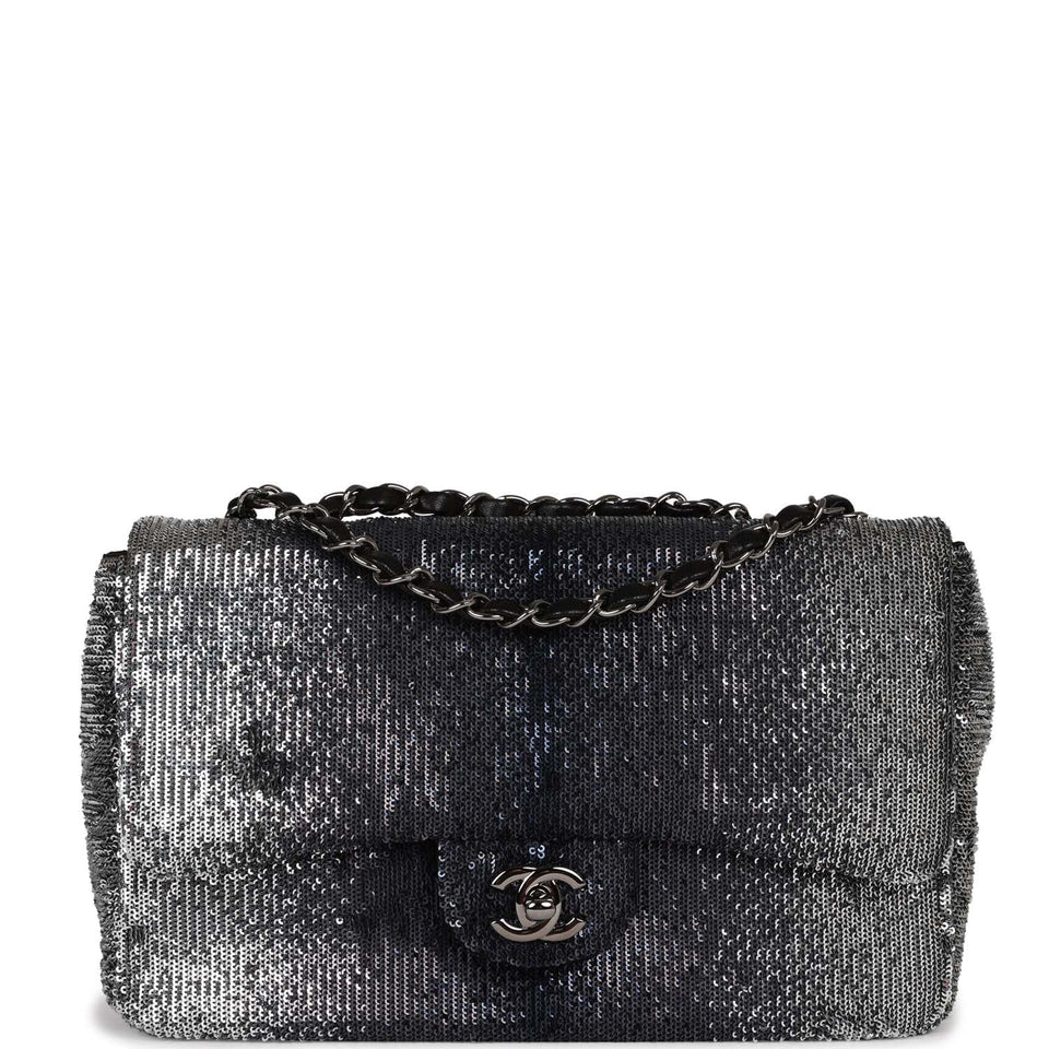 Chanel Small Classic Flap Bag Black and Silver Sequins Silver Hardware