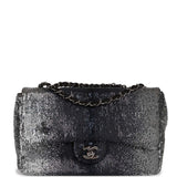 Chanel Small Classic Flap Bag Black and Silver Sequins Silver Hardware