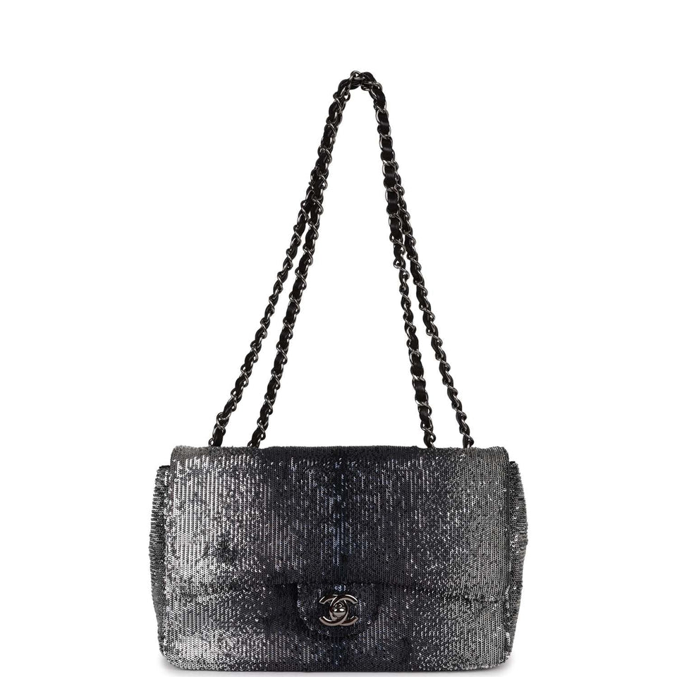Chanel Small Classic Flap Bag Black and Silver Sequins Silver Hardware
