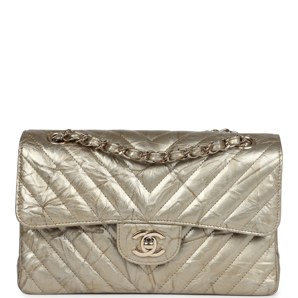 Chanel Small Chevron Double Flap Bag Gold Metallic Patent Aged Calfskin Light Gold Hardware