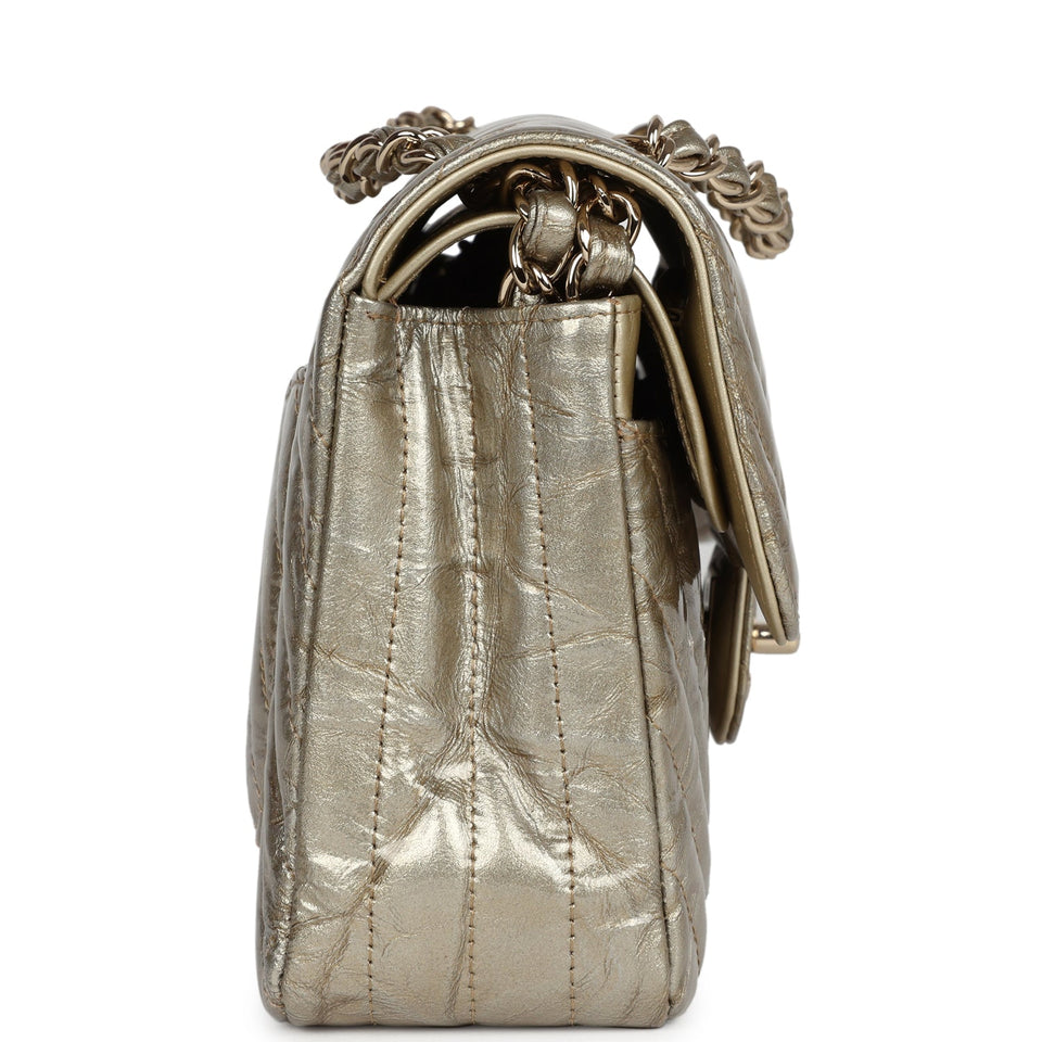 Chanel Small Chevron Double Flap Bag Gold Metallic Patent Aged Calfskin Light Gold Hardware