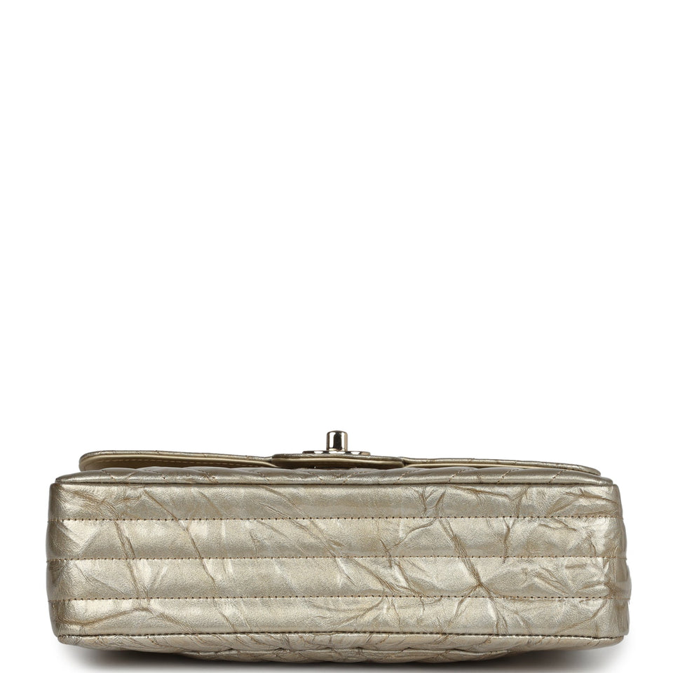 Chanel Small Chevron Double Flap Bag Gold Metallic Patent Aged Calfskin Light Gold Hardware