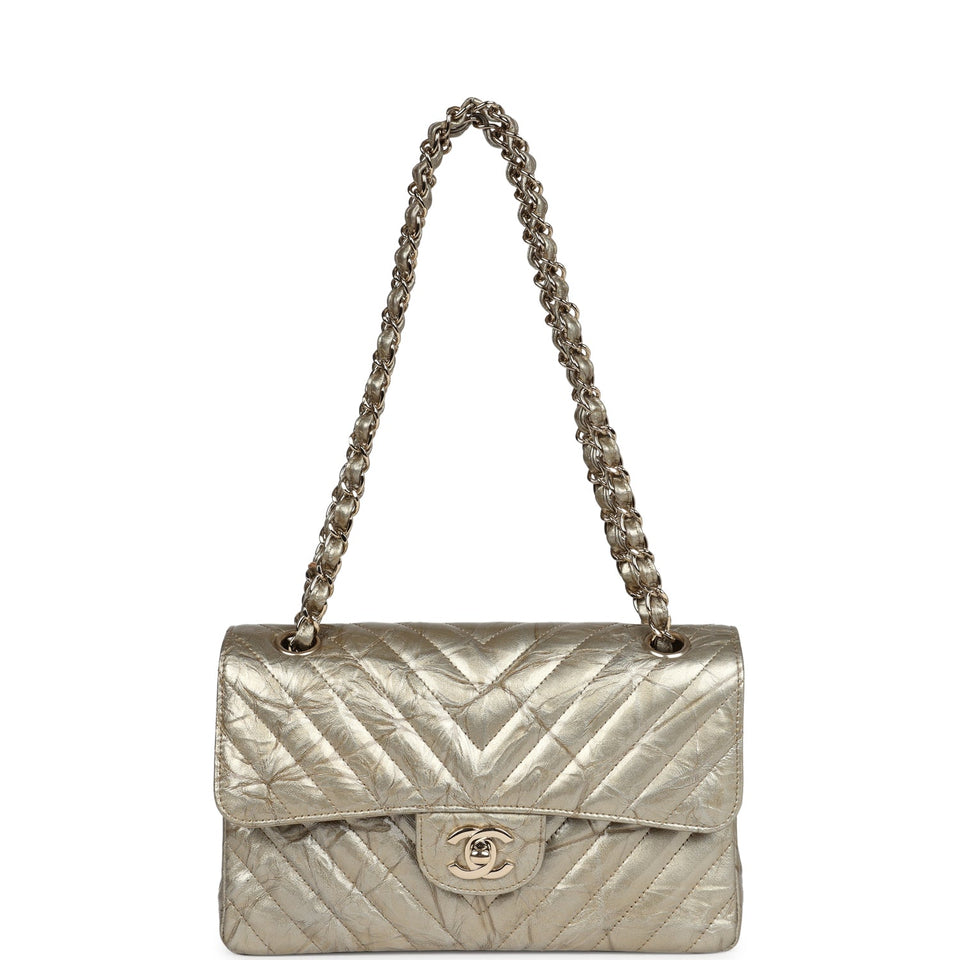 Chanel Small Chevron Double Flap Bag Gold Metallic Patent Aged Calfskin Light Gold Hardware