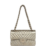 Chanel Small Chevron Double Flap Bag Gold Metallic Patent Aged Calfskin Light Gold Hardware