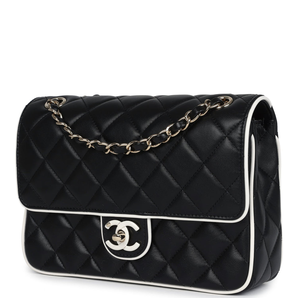 Chanel Small Graphic Frame Flap Bag Black and White Lambskin Light Gold Hardware