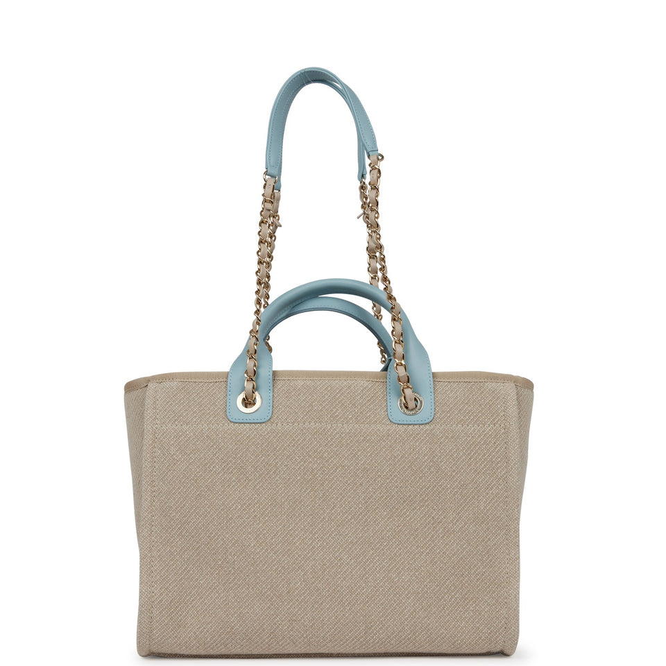 Chanel Small Deauville Shopping Tote Blue and Beige Boucle Light Gold Hardware