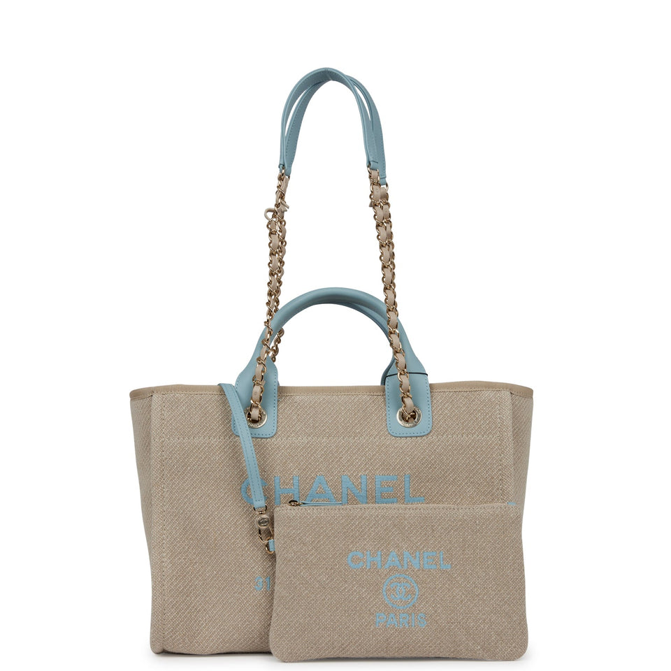 Chanel Small Deauville Shopping Tote Blue and Beige Boucle Light Gold Hardware
