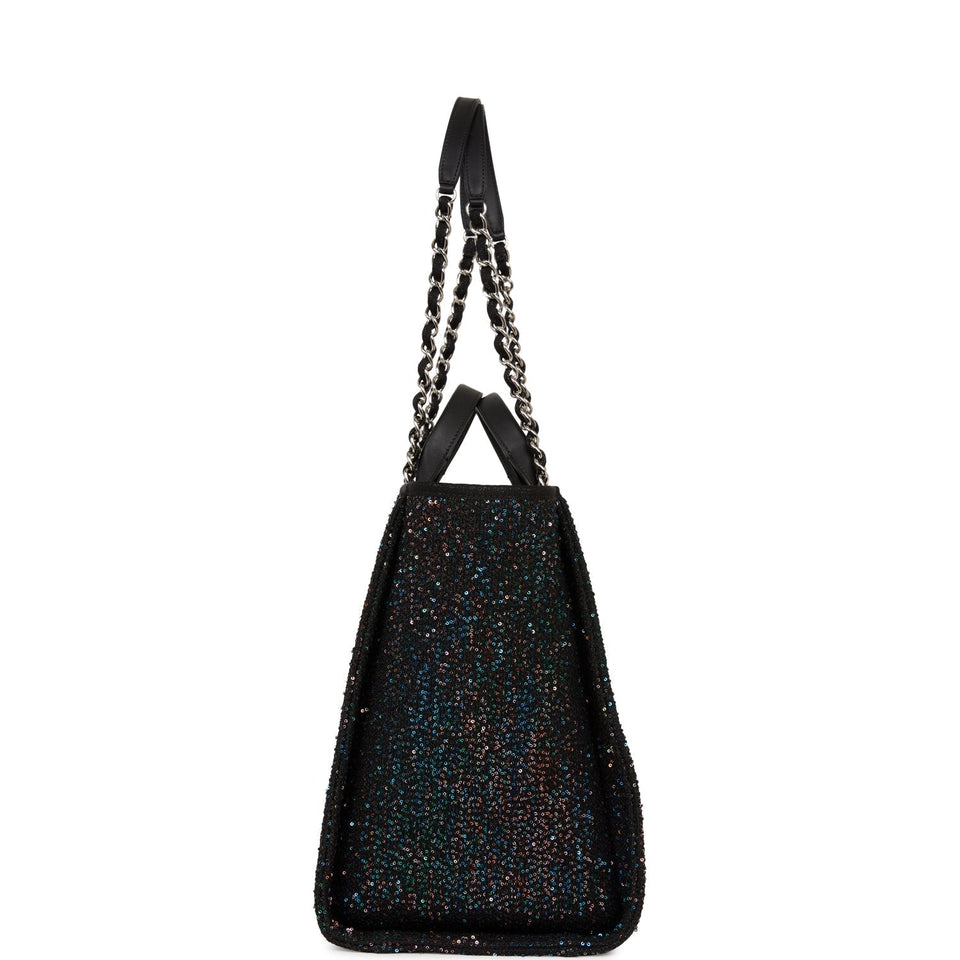 Chanel Large Deauville Shopping Bag Black Sequin Boucle Silver Hardware