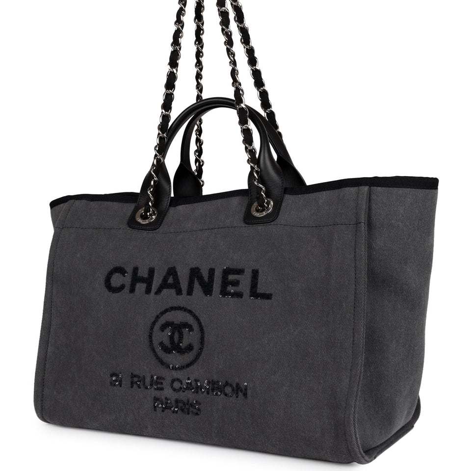 Chanel Medium Deauville Shopping Tote Dark Grey Denim Silver Hardware