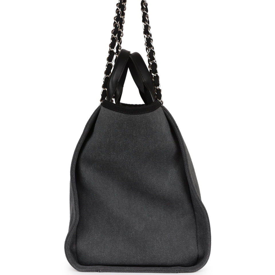 Chanel Medium Deauville Shopping Tote Dark Grey Denim Silver Hardware