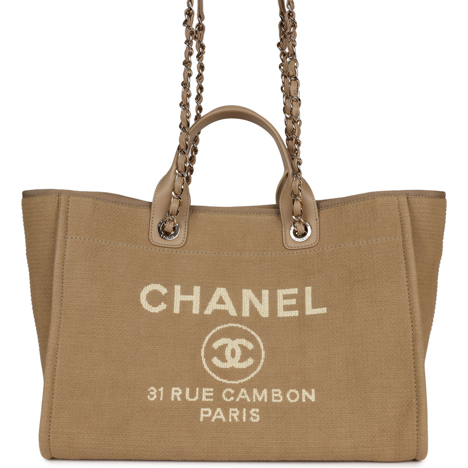Chanel Large Deauville Shopping Tote Beige Canvas Gold Hardware