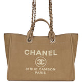 Chanel Large Deauville Shopping Tote Beige Canvas Gold Hardware
