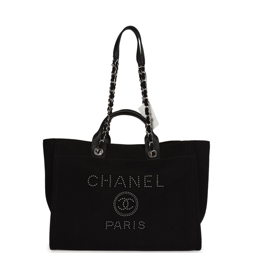 Chanel Large Deauville Shopping Tote Black Canvas Silver Hardware