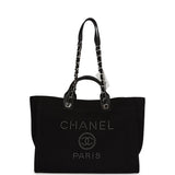 Chanel Large Deauville Shopping Tote Black Canvas Silver Hardware