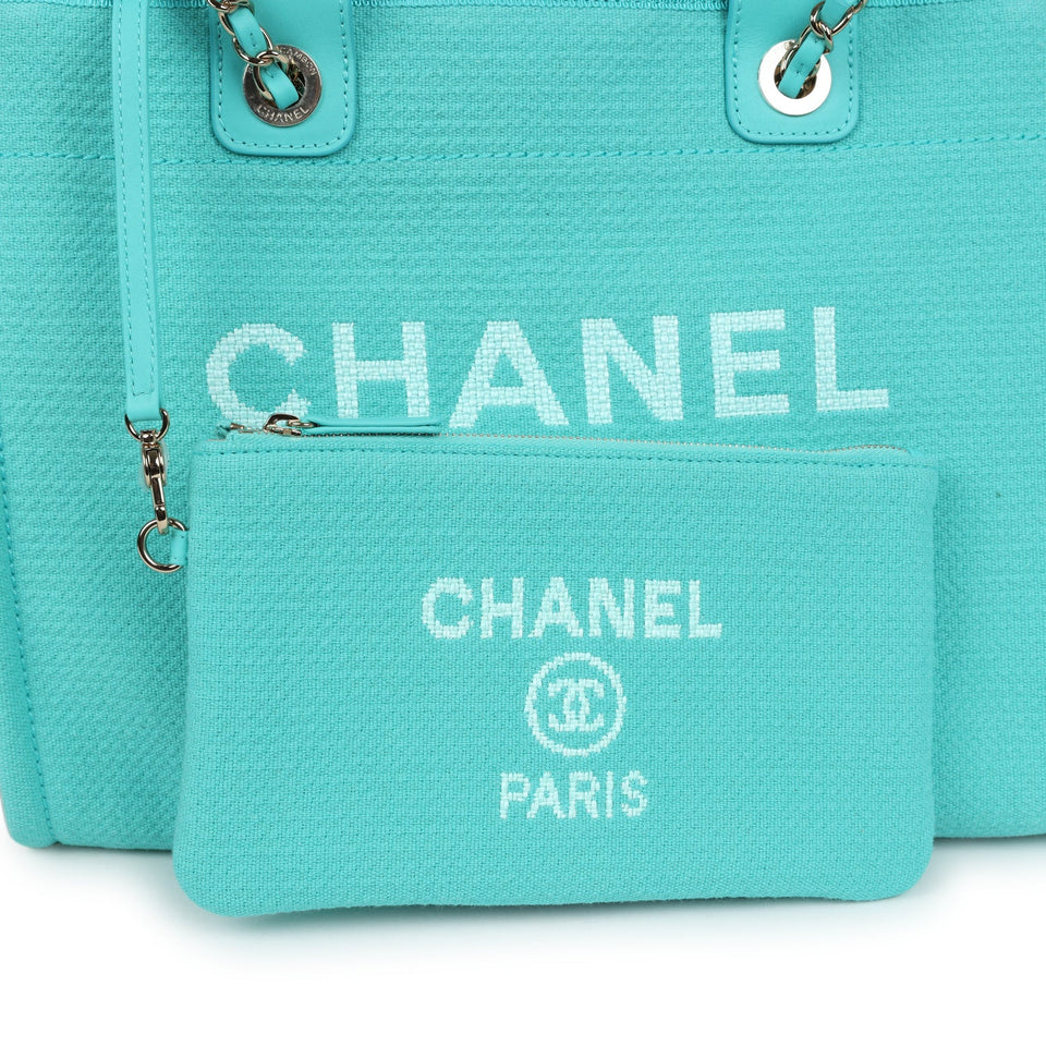 Chanel Small Deauville Shopping Tote Turquoise Canvas Light Gold Hardware