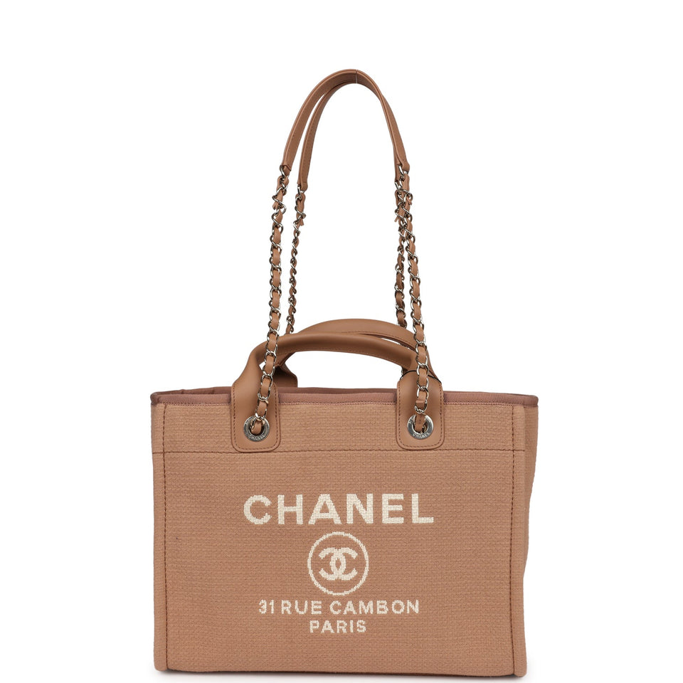 Chanel Small Deauville Shopping Tote Dark Beige Canvas Light Gold Hardware