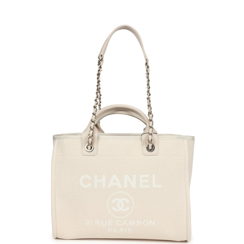 Chanel Small Deauville Shopping Tote Ivory Canvas Light Gold Hardware