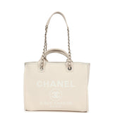 Chanel Small Deauville Shopping Tote Ivory Canvas Light Gold Hardware