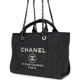 Chanel Small Deauville Shopping Tote Dark Blue Denim Light Gold Hardware