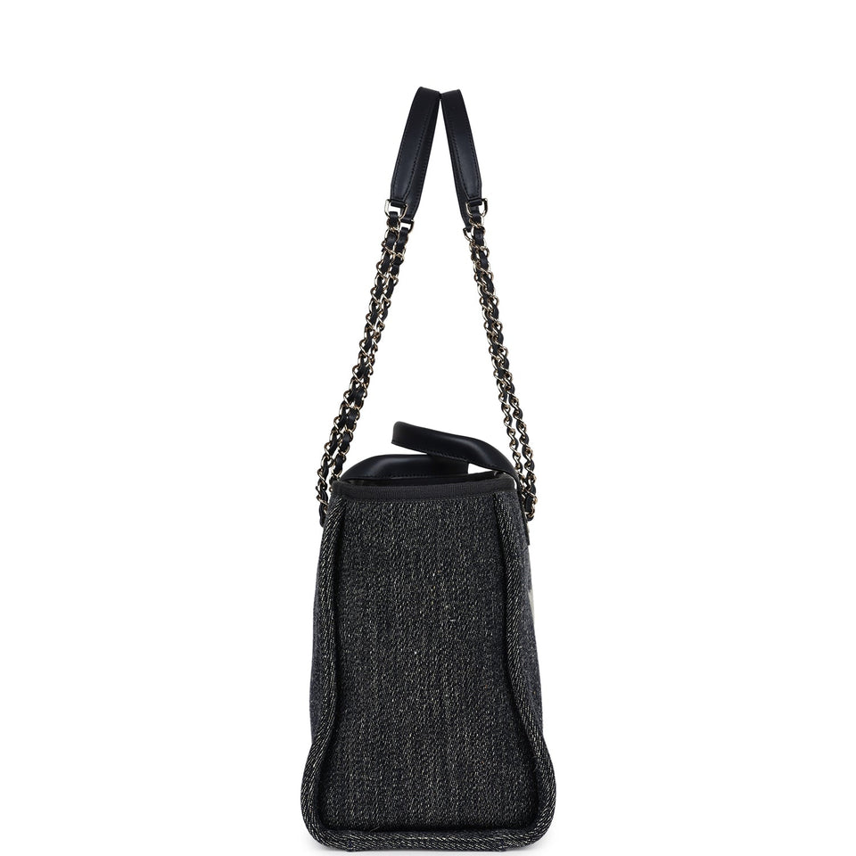Chanel Small Deauville Shopping Tote Dark Blue Denim Light Gold Hardware